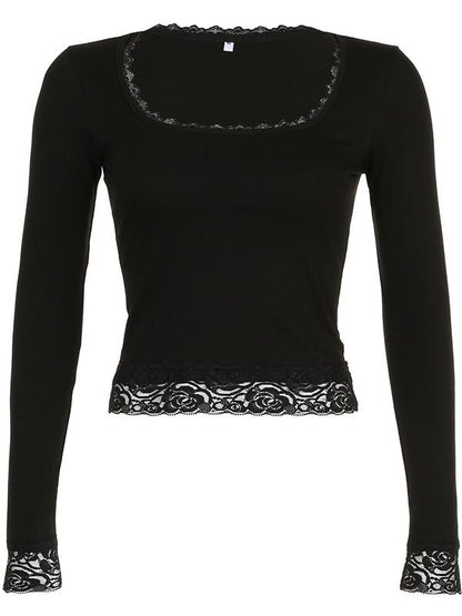 Black Square Neck Long Sleeve Crop Top with Lace Trim