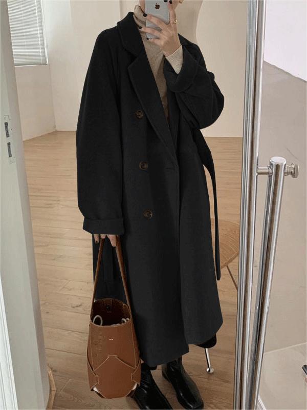 Manteau long classique à double boutonnage avec col à revers et ceinture 