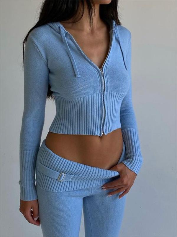 Retro Knitted Two Piece Set with Zip and Hood