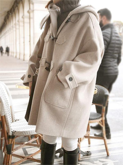 Classic Apricot Hooded Duffle Overcoat with Toggle Buttons