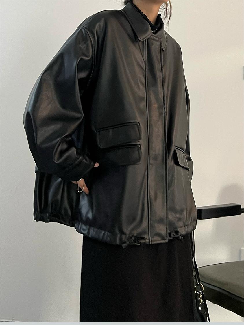 Retro Oversized Black Vegan Leather Jacket with Zipper