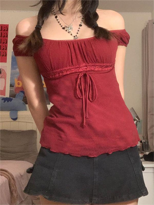 Red Vintage Short Sleeve Top with Lace Trim