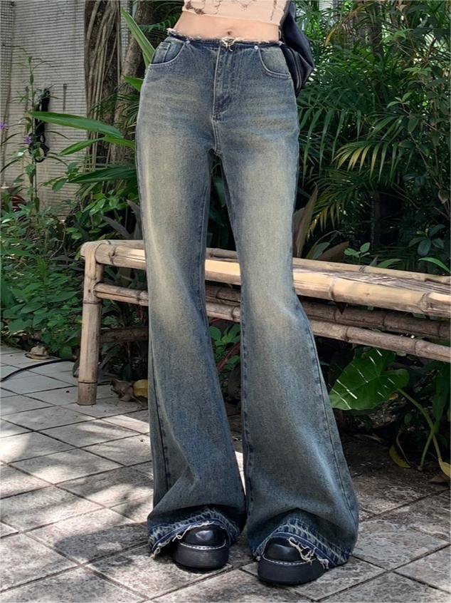 Vintage noodlijdende gewassen lage taille flare jeans