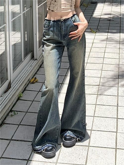 Vintage noodlijdende gewassen lage taille flare jeans