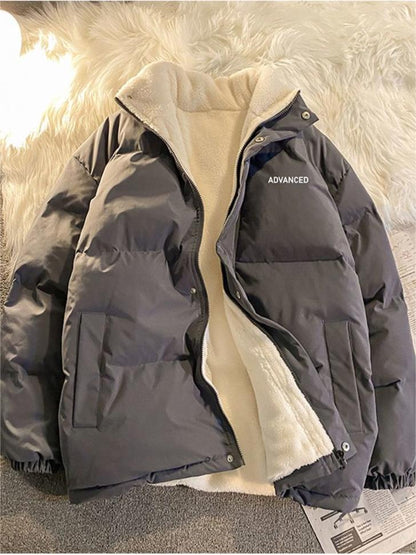 Vintage Solid Short Padded Coat with High Neck and Zipper