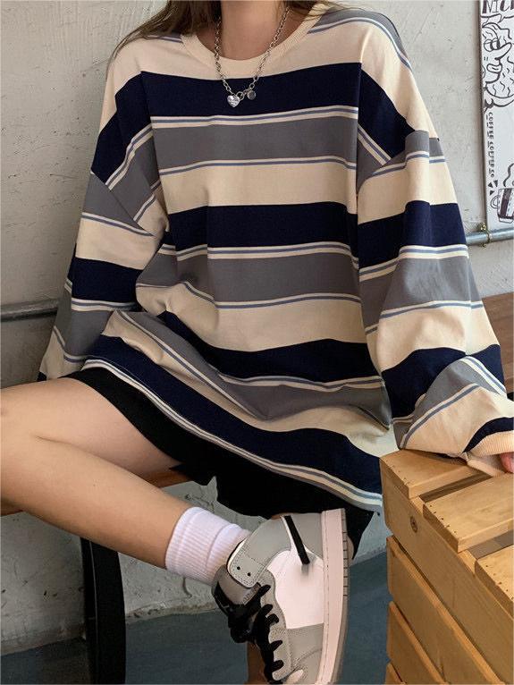 Vintage Oversized Contrast Long Sleeve Top with Stripe