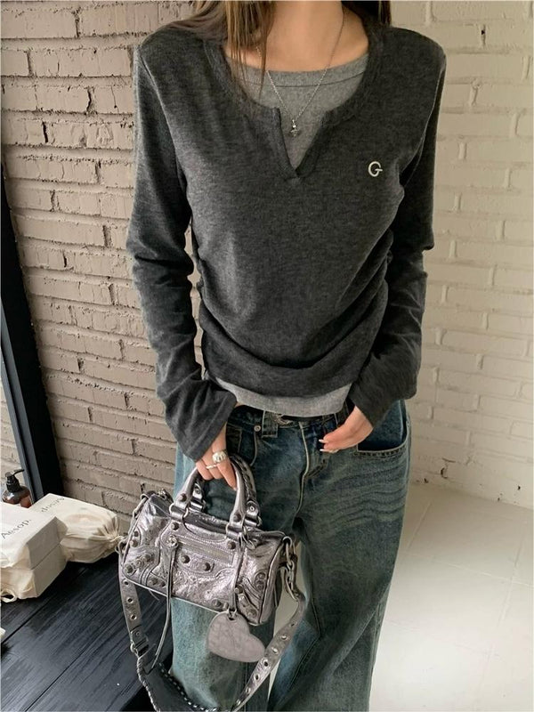 Mock Two-Piece Long-Sleeve Two Tone Polo Top
