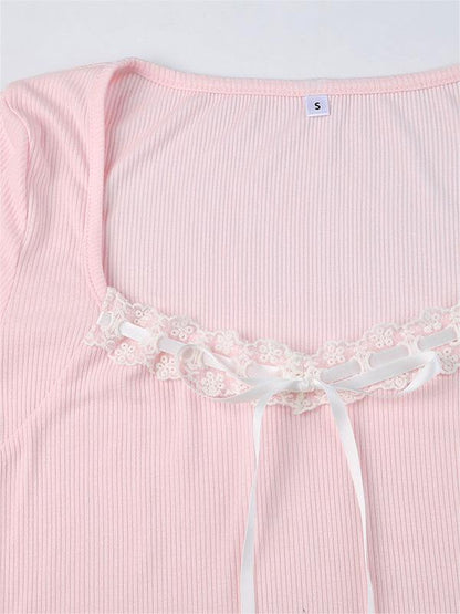 Vintage Pink Square Neck Knit Top with Lace Splice