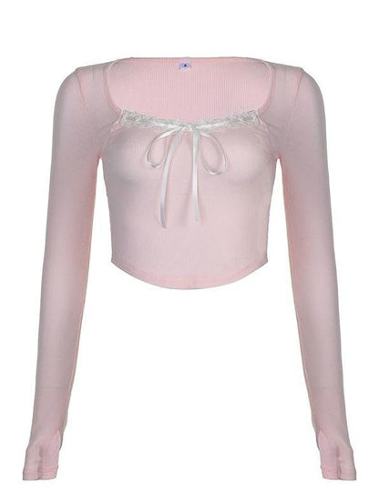 Vintage Pink Square Neck Knit Top with Lace Splice