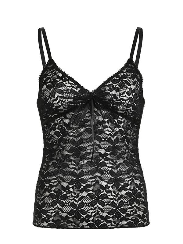 Black Vintage Lace Camisole with V Neck and Lace Bow