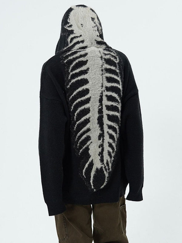 Black Punk Hooded Sweater with Skull Jacquard Pattern