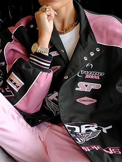Vintage Black Pink Raglan Moto Jacket with Printed Slogan