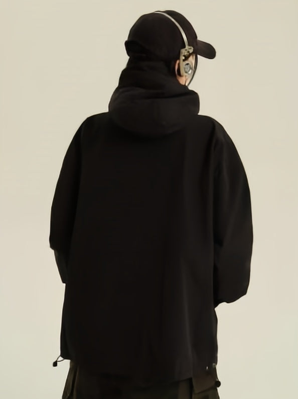 Oversized Retro Black Waterproof Outdoor Jacket with Hood