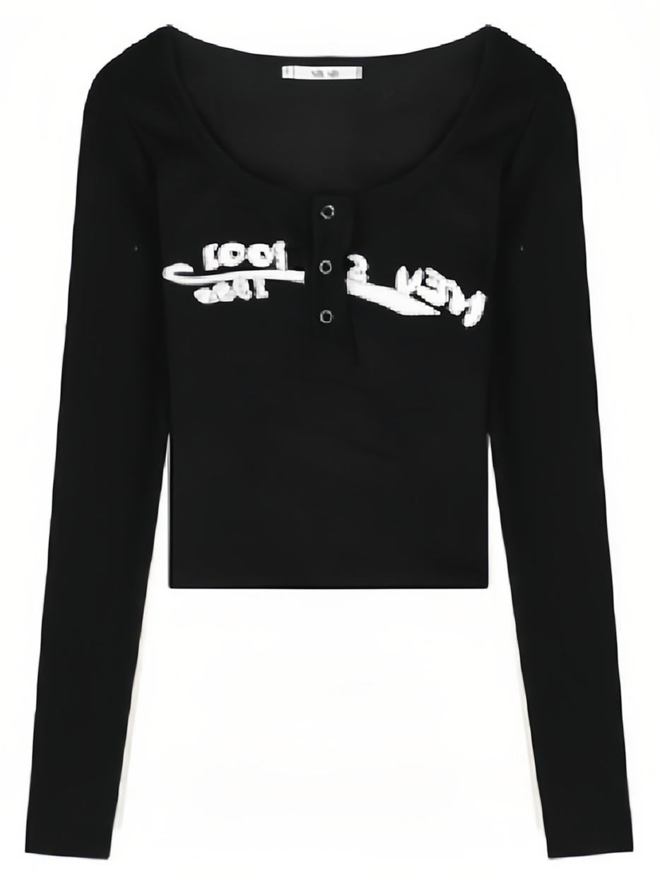 Black Y2K Long Sleeve Ribbed Crop Top with Letter Print