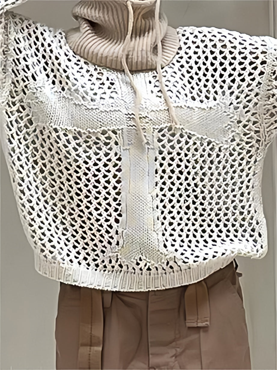 White Long Sleeve Crochet Knit Top with Cross Logo