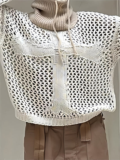 White Long Sleeve Crochet Knit Top with Cross Logo