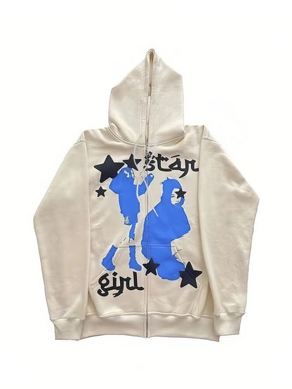 White Zip-Up Hoodie with Star Girl Graphic