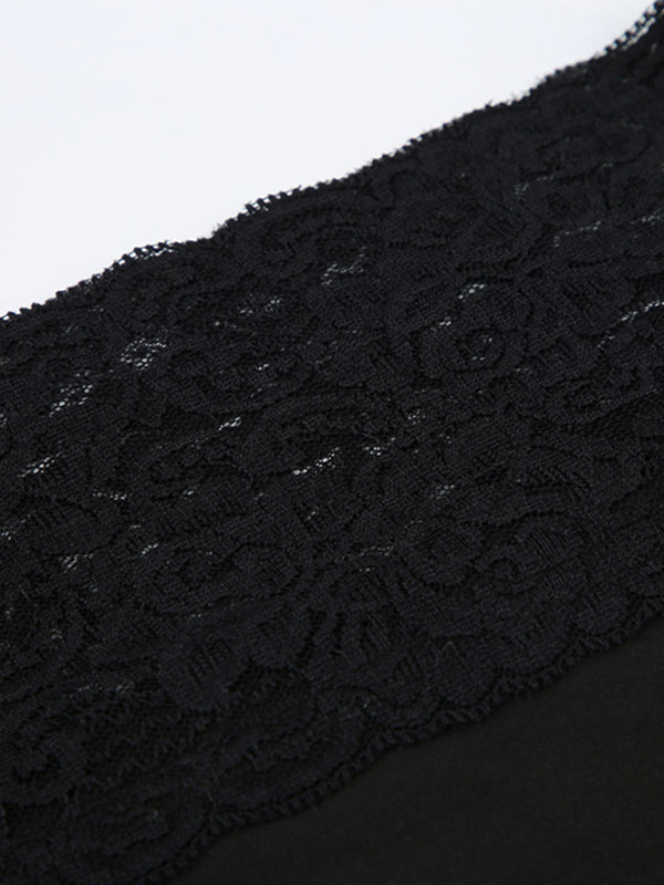Vintage Black Off-the-Shoulder Long Sleeve Top with Lace Splice