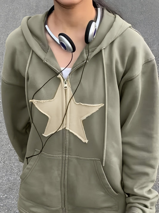 Green Vintage Baggy Hoodie with Star Patch and Zipper
