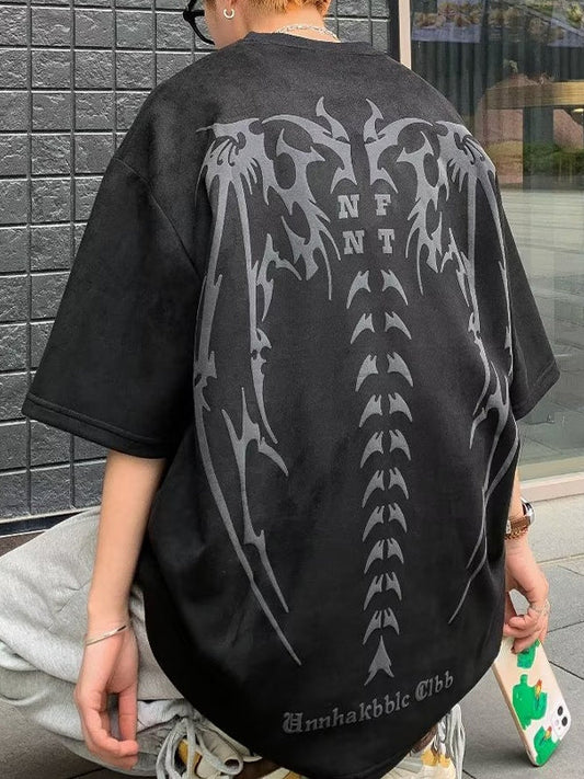 Punk oversized top van kunstsuède met korte mouwen en skeletafbeelding