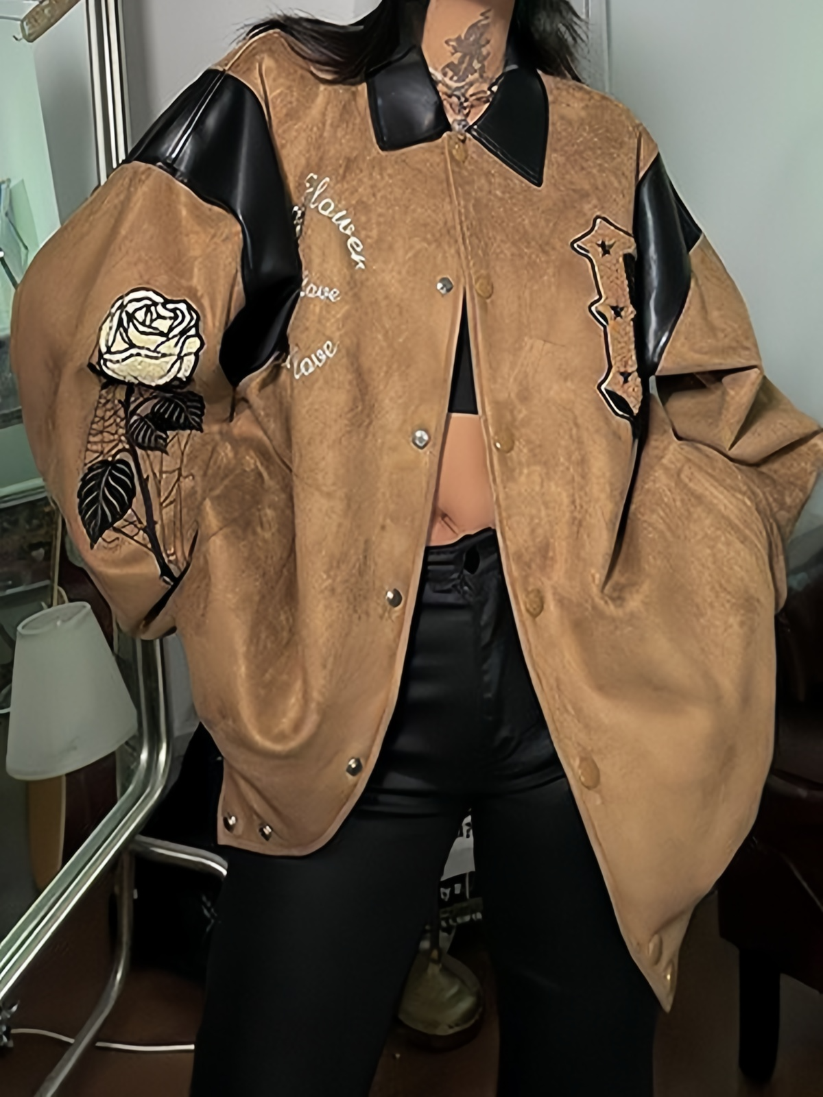 Vintage Brown Velour Leather Jacket with Embroidery