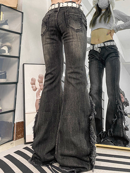 Y2K zwarte flare jeans met lage taille en rafelige randen