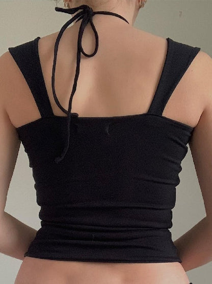Black Vintage Pleated Halter Tank Top with Wooden Beads