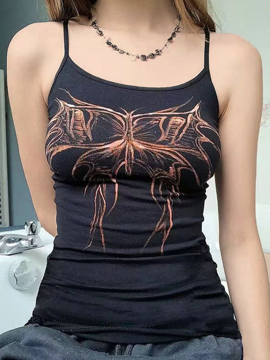 Black Vintage Punk Camisole with Butterfly Print