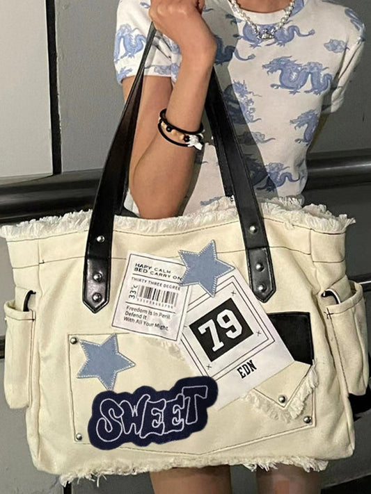 Grand sac en toile autocollant Y2K avec patchs étoiles