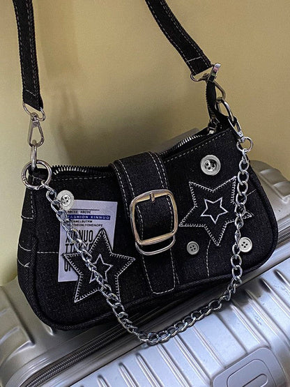 Black Y2K Denim Shoulder Bag with Patched Star