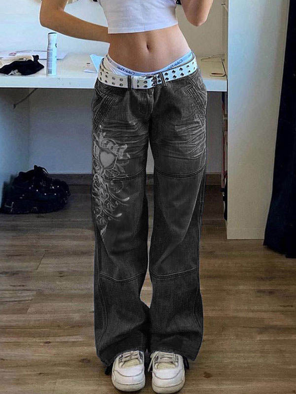 Black Y2k Washed Effect Cargo Jeans with Heart Print