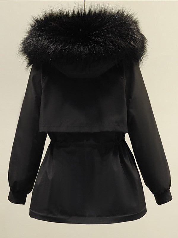 Black Classic Parka Coat with Hood and Vegan Fur