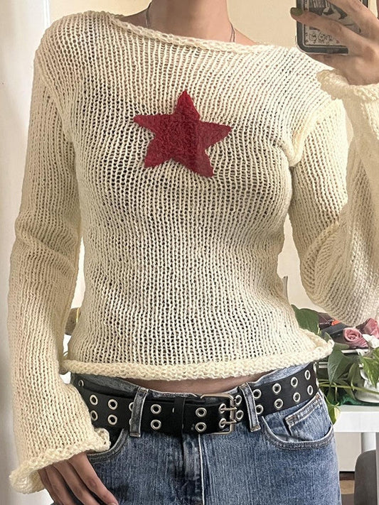 White Vintage Knitted Crochet Crop Top with Star Patch