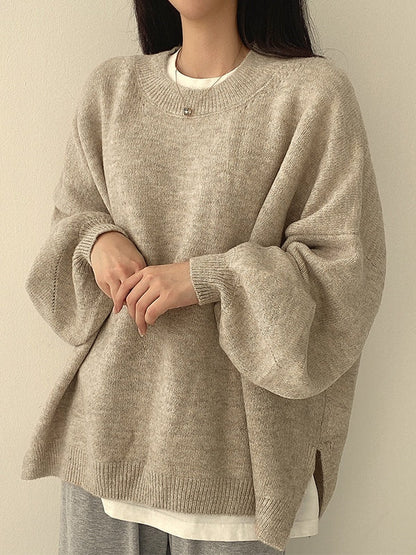 Vintage Solid Color Oversized Sweater with Split Hem