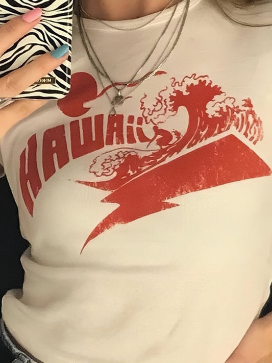 Wit bedrukt crop-top T-shirt met Hawaï-scène