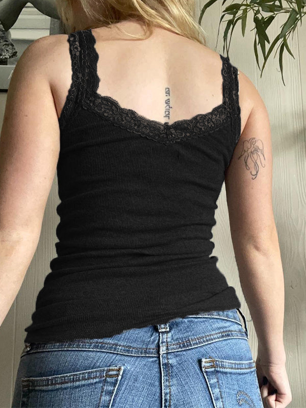 Black Vintage Tank Top with Lace Splice