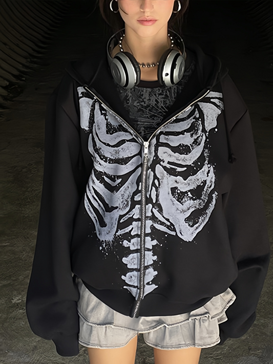 Vintage zwarte oversized hoodie met skeletprint