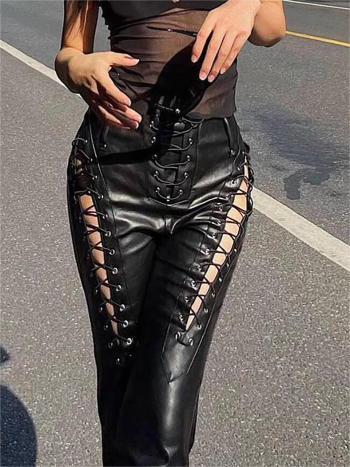 Bandage Slim PU Leather Pants