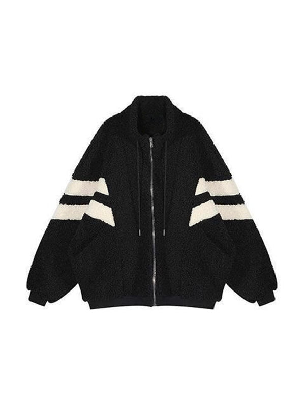 Black Vintage Oversized Faux Shearling Jacket with Stripe