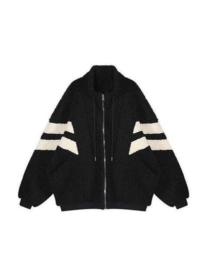 Black Vintage Oversized Faux Shearling Jacket with Stripe