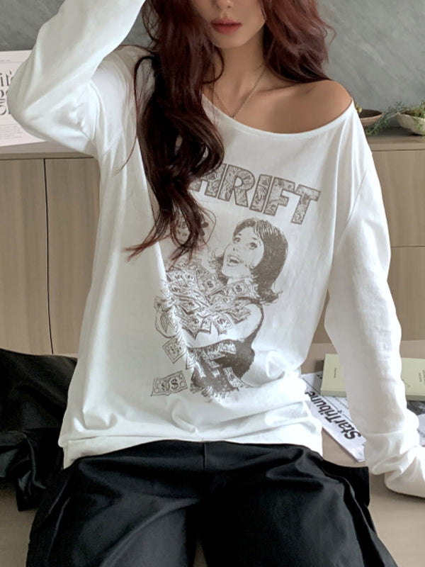2000's White Oversized Long Sleeve Tee with Portrait Print
