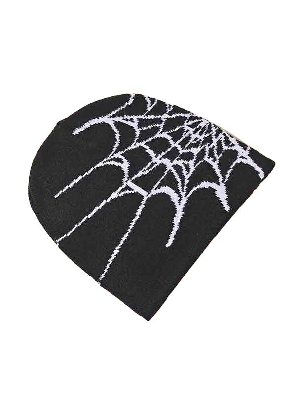 Punk Black Beanie Hat with Spiderweb Design