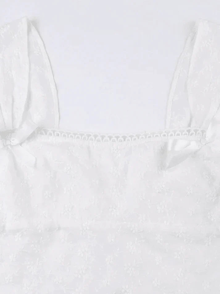 Vintage White Embroidered Tank Top with Bow Lace