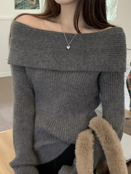 Vintage Solid Color Off Shoulder Sweater