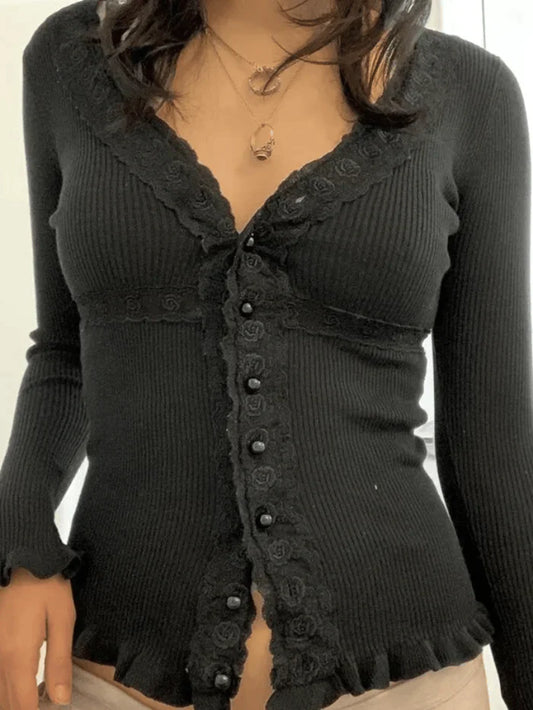 Vintage Black Front Buttons Knit Top with Lace Trim