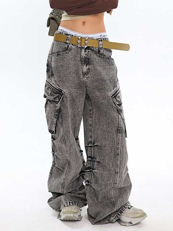 Faded Effect Grey Bleach Wash Baggy Cargo Jeans