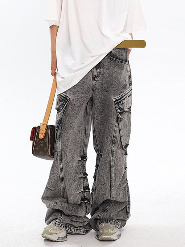Faded Effect Grey Bleach Wash Baggy Cargo Jeans