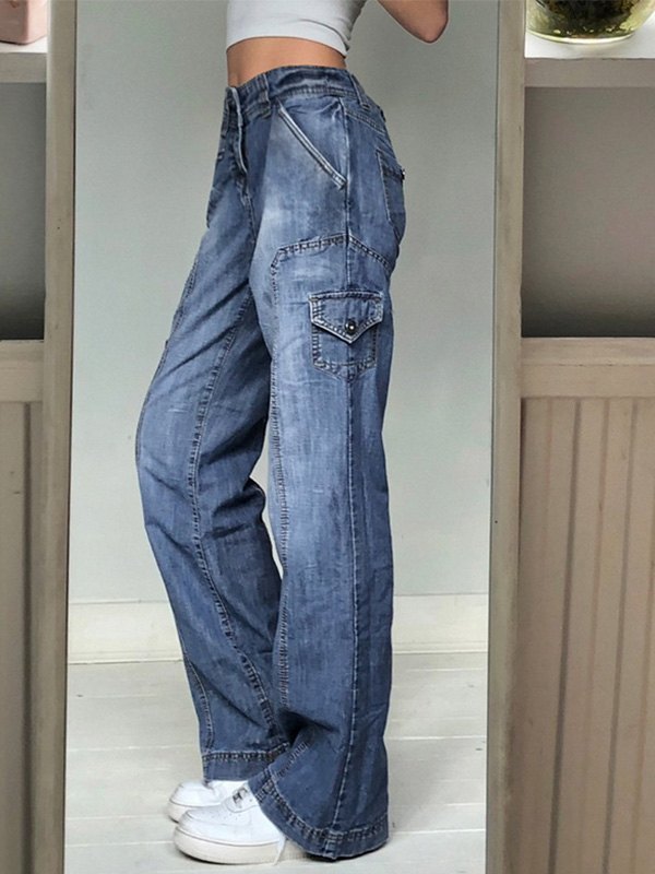 Bleached Washed 2000s Cargo Jeans with Multiple Pockets