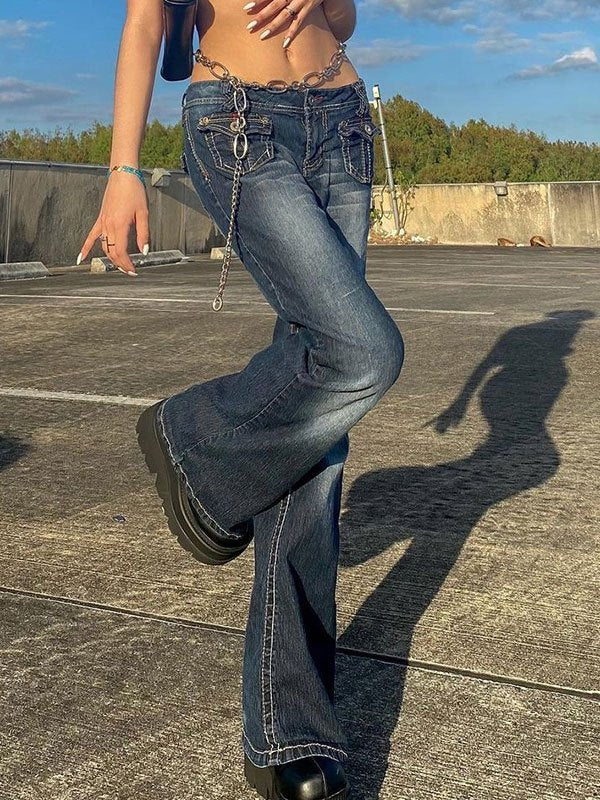 Vintage cargo flare jeans met verwassen effect en opgestikte zakken