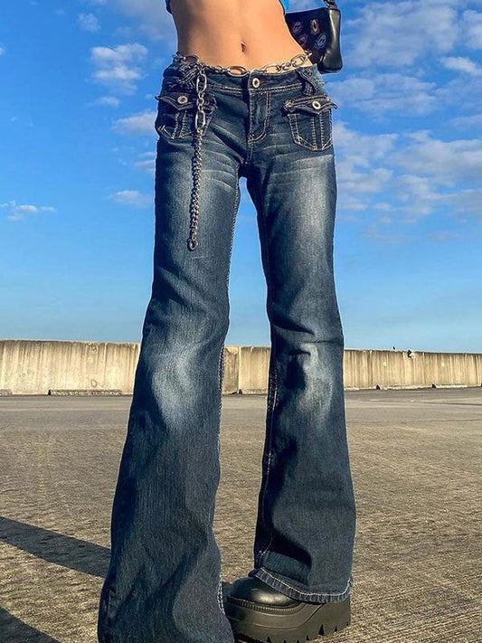 Washed Effect Vintage Cargo Flare Jeans with Patched Pockets